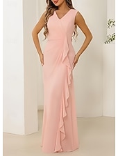 baratos Vestidos para Madrinhas-sereia / trompete vestido de dama de honra decote em v sem mangas elegante comprimento até o chão chiffon com babados / franzidos 2025