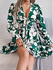 cheap Casual Floral Dresses-Ramadan Women&#039;s Normal Mini Dress Boho Chic Dresses Boho Dress Cami Dress Off The Shoulder Dress Bohemia Stylish Sexy Puff Sleeve Vacation Party Birthday Form Fit Floral Graphic Long Sleeve Plunging