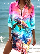 billige hawaiiansk kjole-Kvinnens mini kjole skjortekjole Mini Kjoler Ombre Grafisk Dyre Elegant Tropisk Hawaiian Lange ermer Kjoler Krage Lang Knapper Print Himmelblå Sommer Vår