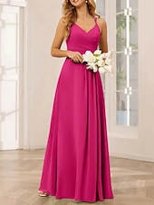baratos Vestidos para Madrinhas-Linha A Vestido de Madrinha Decote V / Com Alças Finas Sem Manga Elegante Longo Chiffon / Elastano com Cruzado / Pregueado / Franzido 2022