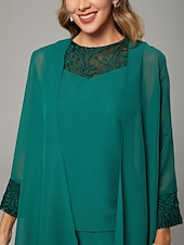 cheap Mom&#039;s Pant Suits-Jumpsuit / Pantsuit Mother of the Bride  Wrap Included Jewel Neck Floor Length Chiffon Lace 3/4 Length Sleeve with Beading