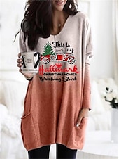 お買い得  Tシャツ ワンピース-女性用 ミニドレス カジュアルドレス シフトドレス カジュアル バットウィングスリーブ クリスマス 祭り ルーズフィット プリント 長袖 Ｖネック ブルー パープル オレンジ グレー 秋 冬