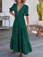 cheap Casual Dress-Women&#039;s Maxi Dress Casual Dress Swing Dress A Line Dress Casual Vacation Daily Regular Fit Plain Short Sleeve V Neck Black Navy Blue Fuchsia Green Summer