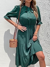 preiswerte Blumenkleider-Damen kleid lang Maxidress A Linie Kleid Basic Brautkleider schlicht Urlaub Arbeit Casual Regular Fit Glatt Halbe Ärmel Rundhalsausschnitt Schwarz Burgunderrot Grün Sommer Frühling Herbst