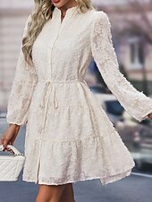 preiswerte Unter 129,99 $-Kleid Brautmutter Kleid Elegantes Lässiges hochgeschlossenes knielanges Polyester mit langen Ärmeln und Knöpfen