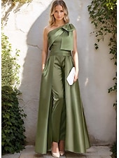 abordables Tailleurs-pantalons et combinaisons-Combinaisons Robe de Soirée Élégante Avec Jupe Détachable Robe Invité au Mariage Longueur de Sol Sans Manches Épaule Dénudée Satin Vert Sauge avec Nœud(s)
