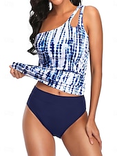 preiswerte Tankinis-Damen Badeanzug 2 Stück Cheeky-Bikinihose Bademode Rückenfrei Bauchkontrolle Schlank Urlaub Strandbekleidung Graphic Asymmetrischer Hals Ärmellos Badeanzüge