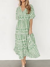 olcso Alkalmi virágos ruhák-Női Midi ruha hétköznapi ruha Boho elegáns ruhák Boho ruha Csehország Szüret Stílusos Vakáció Hétköznapi Napi Normál Csík Rövid ujjú V-alakú Fekete Világoszöld Világoskék Nyár Tavasz