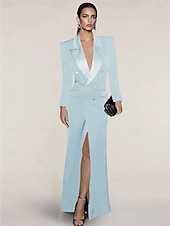 cheap Floor Length-Blazer Dress Mermaid / Trumpet Evening Gown Elegant Dress Pinstripe Tuxedo Dress Zipper Up Wedding Guest Formal Floor Length Long Sleeve Peak lapel collar Satin with Pocket 2025