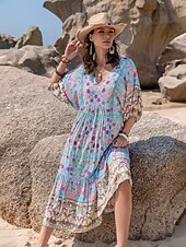 economico Abiti casual floreali-Per donna Abito lungo Abito lungo Abito boho Abito midi Informale Manica a sbuffo Interni Informale Giornaliero Standard Floreale Stile Boho Mezza manica A V Blu Estate Autunno