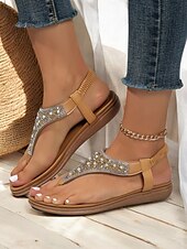 tanie Sandały wakacyjne-damskie sandały w stylu boho z koralikami i paskiem w kształcie litery T – eleganckie, płaskie sandały na lato z ozdobami z kryształków, idealne na plażę i na co dzień