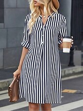 preiswerte Streifen- und geometrisches Kleid-Damen Minikleid Etuikleid Sommerkleid Figurbetontes Kleid Brautkleider schlicht Urlaub Täglich Regular Fit Blumen Langarm V Ausschnitt Schwarz Dunkelblau Sommer