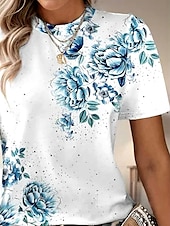 ieftine tricou floral-Pentru femei Tricou Trandafir Floral Grafic Elegant Epocă Modă Manșon scurt Rotund Topuri obișnuite Zilnic Ieșire Sfârșit de săptămână Imprimeu Albastru piscină Vară