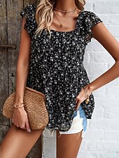 abordables Tops Graphiques pour Femmes-Femme Chemise Chemisier Floral mode Décontractées Manche Courte Col Carré Hauts réguliers du quotidien A Volants Imprimer Noir Jaune Rouge Beige Eté