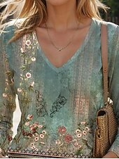 olcso Boho póló-Női T-Shirt V Nyakú Hosszú Ujjú Tunika Virágos Divat Modern Hétköznapi Rendszeres Felsők Napi Hétvégi Nyomat Sage Green Ősz Tél