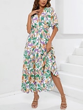billiga Eleganta blommiga klänningar-Dam Maxiklänning Vardagsklänning A linjeklänning Stylish Ledigt Semester Dagligen Normal Blommig Halvlång ärm V-hals Blå Sommar