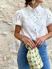 baratos Camiseta lisa-Mulheres Blusa Topo de ilhó Tops de renda Vazado Botões Tecido Diário à moda Básico Manga Curta Colarinho de Camisa Tops regulares Diário Trabalho Feriado Branco Rosa cor de Rosa Primavera Outono