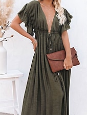 abordables Robes de plage-Femme Maillots de Bain Vêtement couvrant Robe de Bain Maillot de bain nouer devant Vacances Tenues de plage Couleur unie Col V Manches courtes Maillots de bain