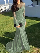 preiswerte SCHWARZ-Meerjungfrau Schwarzes Kleid Abendkleid Paillette Prom Kleid Funkelnd Formal Kleid Sweep  Brush Train Langarm Illusion Hals Spitze mit Applikationen Kleid für 2025 beeindrucken