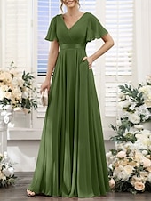 baratos Vestidos para Madrinhas-Linha A Vestido de Madrinha Decote V Manga Curta Elegante Longo Chiffon com Franzido 2022