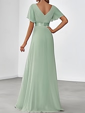 baratos Vestidos para Madrinhas-vestido de dama de honra linha a decote em v manga curta elegante comprimento até o chão chiffon com faixa / fita / franzido 2025