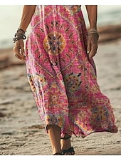 abordables Robes Boho-Femmes Robe maxi Robe Décontractée Robe trapèze Élégant Occasionnel Vacances Quotidien Coupe régulière Fleuri Manche Courte Col en V Magenta Printemps Automne