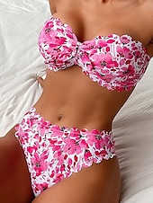 billiga Bikiniset-Dam Badkläder Bikini 2 st Kaxig Baddräkt Öppen rygg Smal Semester Standkläder Blommig Axelbandslös Ärmlös Baddräkter