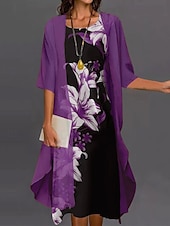 abordables Ensembles de robes-Femme Mode Vêtement de rue Jupe Ensembles Manches 3/4 Cloche Col Ras du Cou Floral Imprimer Usage quotidien Rendez-vous Rouge Bleu Violet Printemps Standard