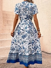 tanie Wakacyjne sukienki-Damskie Sukienka maxi Sukienka A line Sukienka w kwiatki Sukienka Boho Elegancki Codzienny Urlop Codzienny Regularny Kwiaty Krótki rękaw W serek Niebieski Lato Wiosna