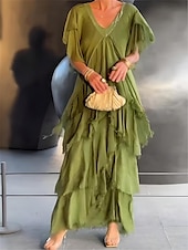 preiswerte Chiffonkleider-Damen Maxikleid Freizeitkleid elegant stylisch lässig Urlaub Party Alltag Regular Fit einfarbig Kurzarm V-Ausschnitt schwarz grün grau Sommer Frühling Herbst