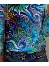 billige Kunst &amp; Design t-skjorte-Dame T skjorte Grafisk Elegant Årgang Mote Langermet Crew-hals Vanlige topper Daglig Ut på byen Helg Trykt mønster Marineblå Sommer Vår