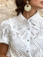 baratos Camiseta lisa-Mulheres Blusa Topo de ilhó Tops de renda Vazado Botões Tecido Diário à moda Básico Manga Curta Colarinho de Camisa Tops regulares Diário Trabalho Feriado Branco Rosa cor de Rosa Primavera Outono