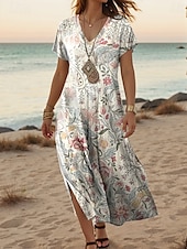 abordables Robes Boho-Femmes Robe maxi Robe Décontractée Robe trapèze Élégant Occasionnel Vacances Quotidien Coupe régulière Fleuri Manche Courte Col en V Blanche Printemps Automne