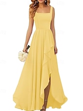baratos Vestidos para Madrinhas-Linha A Vestido de Madrinha Correias / Decote Quadrado Sem Manga Elegante Longo Chiffon / Elastano com Pregas / Fru-Fru / Pregueado 2022