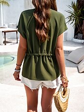 cheap Plain tee-Women&#039;s Shirt Blouse Solid Color Stylish Casual Short Sleeve Notched Neck Regular Tops Daily Buttons Drawstring Black Wine Blue Green Beige Summer
