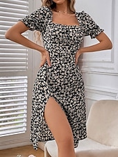 preiswerte Blumenkleid-Damen Midikleid Corsagenkleider A Linie Kleid Milchmädchen-Kleid Kleid mit Puffärmeln Urlaub Urlaub Casual Täglich Regular Fit Blumen Graphic Kurzarm Quadratischer Ausschnitt Schwarz Burgunderrot