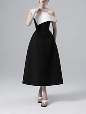 abordables Robes de cocktail-Robe de cocktail A-Line robe élégante retour à la maison cocktail party longueur thé sans manches une épaule poche mélange coton dos nu avec volants poche robes