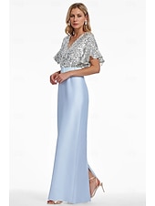 abordables BLEU-robe de soirée colonne bleue robe élégante robe formelle invité de mariage longueur au sol manches courtes col en V ceinture / ceinture satin avec fente à paillettes 2025
