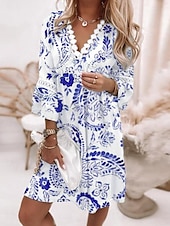 economico Abiti da vacanza-Per donna Mini abito Abito casual Abito linea A Moda Informale Da mare Giornaliero Standard Floreale Manica a 3/4 A V Bianco Blu reale Blu Verde Estate