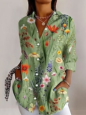 abordables Hauts Floraux-Femmes Chemise Fleuri Occasionnel manche longue Col de chemise Hauts Réguliers Travail Quotidien Boutons Imprimé Vert Printemps Automne Hiver
