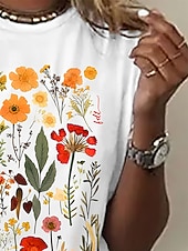 cheap Floral tee-Women's T Shirt Print Floral Basic Short Sleeve Round Neck Regular Tops Daily Weekend Black White Gray Summer