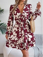 cheap Casual Floral Dresses-Ramadan Women&#039;s Normal Mini Dress Boho Chic Dresses Boho Dress Cami Dress Off The Shoulder Dress Bohemia Stylish Sexy Puff Sleeve Vacation Party Birthday Form Fit Floral Graphic Long Sleeve Plunging