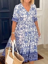 olcso Bohém ruhák-Női Midi ruha hétköznapi ruha Boho elegáns ruhák Boho ruha Csehország Stílusos Alkalmi Vakáció Hétköznapi Napi Laza öltözet Grafika Féhosszú V-alakú Arcpír rózsaszín Medence Égszínkék Sárgabarack