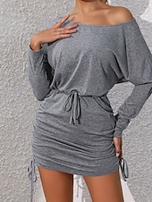 preiswerte Einfaches Kleid-Damen Mini Kleid T-Shirt Kleid Tee Kleid Unifarbenes Bandage Kleid Bodycon Kleid Lässig Fledermausärmel Urlaub Lässig Daily Regular Fit Grafik Langarm Rundhals Grau Sommer Herbst