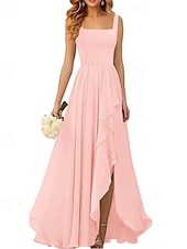 baratos Vestidos para Madrinhas-Linha A Vestido de Madrinha Correias / Decote Quadrado Sem Manga Elegante Longo Chiffon / Elastano com Pregas / Fru-Fru / Pregueado 2022