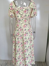 economico Abito Floreale-Per donna Vestito longuette Abito a corsetto Abito linea A Abito da lattaia Abito con maniche a sbuffo Festività Da mare Giornaliero Standard Floreale Manica corta Squadrata Bianco Giallo Rosa Blu
