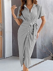 billiga Jobbklänningar-Dam Midiklänning Blazer Klänningar Stylish Ledigt Semester Arbete Dagligen Normal Rutig Rand Halvlång ärm Tröjkrage Svart Brun Sommar Vår Höst
