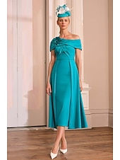 abordables Robes de cocktail-Robe de cocktail A-Line Robe élégante Formelle Mariage Longueur aux chevilles À manches courtes Une épaule Satin avec Fleur d&#039;épaule Robes