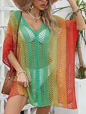 abordables Robes de plage-Maillots de Bain Femme Couverture Robe de Bain Maillot de Bain Découpe Vacances Plage Vêtements Ombre Col en V Manches Longues Maillots de Bain