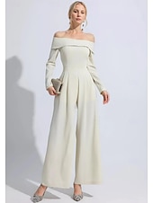 economico Tute della mamma-Tute Madre della Sposa Elegante Fuori Spalla Lunghezza Completa Tessuto Stretch Maniche Lunghe con Pizzo Colore Solido 2025